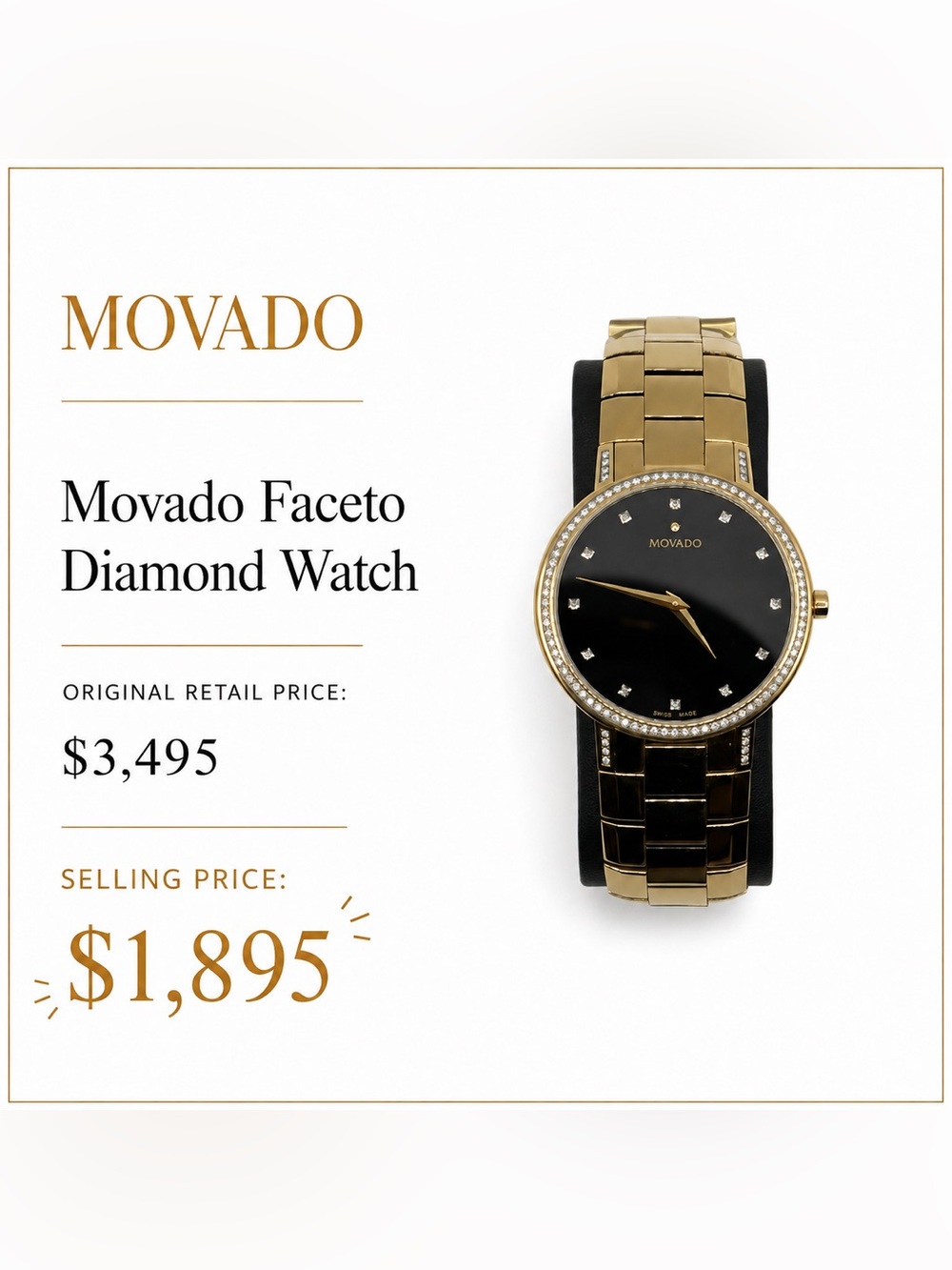 Movado Gold-Tone Bracelet Watch with Black Dial and Diamond Accents